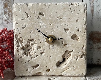 Antique marble, tile clock Italian design, mini clock, kitchen clock, table clock “Stone” birthday gift, upcycling