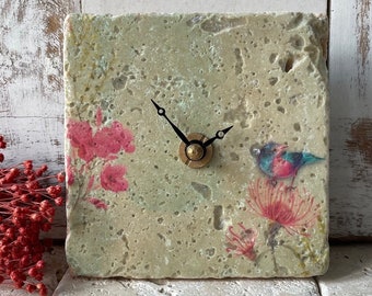 Antique marble tile clock, table clock, mini clock "Spring" shabby chic birthday gift