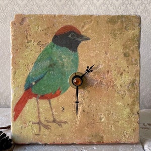 Könnte beinhalten: Eine quadratische Steinuhr mit einem aufgedruckten Bild eines Vogels mit schwarzem Kopf, grünem Körper und rotem Schwanz. Das Zifferblatt hat schwarze Metallzeiger und einen kleinen bernsteinfarbenen Schmuckstein in der Mitte.