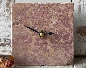 Antique marble, tile clock, wall clock, mini clock, table clock “Boho Chic” upcycling