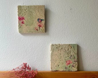 Set of two tiles mini pictures, wall tiles, murals, wall decoration “Spring” upcycling antique marble