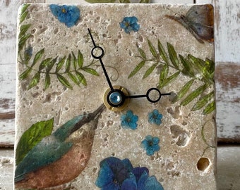 Antique marble, mini clock, table clock, tile clock “Bird” gift idea