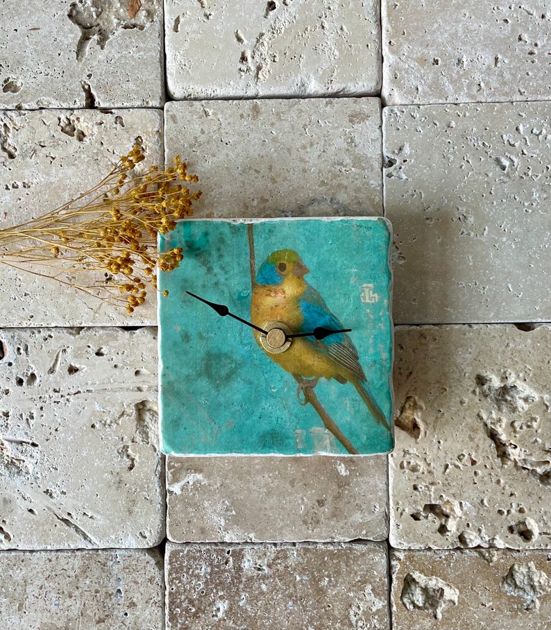 May include: Square wall clock featuring a teal background and a vibrant bird illustration. The bird, in yellow, blue, and green, is perched on a branch. The clock has black hands and a gold-coloured centre.