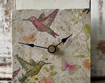 Antique marble, tile clock, wall clock upcycling “hummingbird” gift for mom