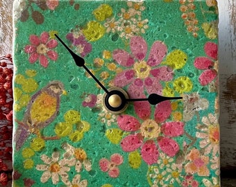 Handmade table clock, tile clock, kitchen clock “Flowers” gift for girlfriend,