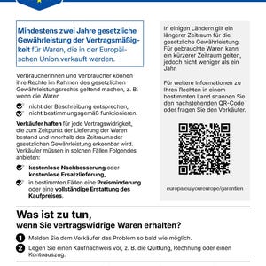 May include: An informational document titled GESETZLICHE GEW&Auml;HRLEISTUNG with a blue header featuring a G logo and stars. It outlines consumer rights regarding product warranties in the European Union, including a QR code and the URL europa.eu/youreurope/garantien.