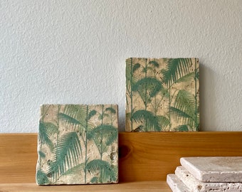 Set of two tiles mini pictures, wall tiles, murals, wall decoration “Palm tree” upcycled antique marble