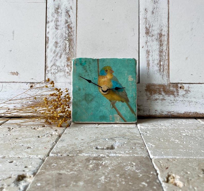 May include: Square clock with a teal background featuring a colourful bird illustration. The bird has yellow, blue, and green feathers. The clock hands are black, and the clock face is a light wood colour. The clock is sitting on a stone surface.
