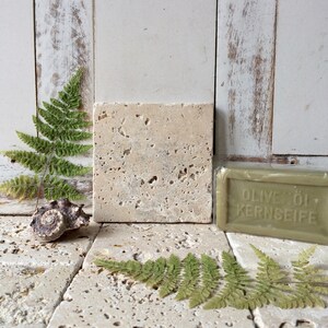 May include: A square beige travertine stone tile with a porous surface, a green olive oil soap bar with the embossed text OLIVEN&Ouml;L KERNSEIFE, a small spiral seashell, and two green fern leaves arranged on a matching travertine stone surface.