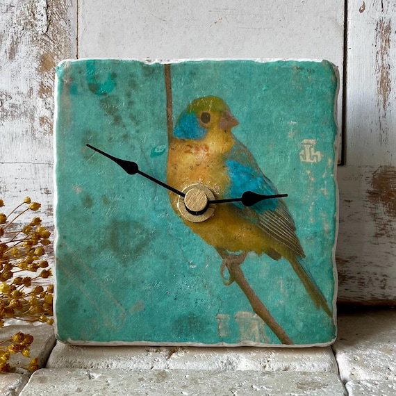 Unique Antikmarmor, Mini Uhr, Tischuhr, Fliesenuhr “Bird”