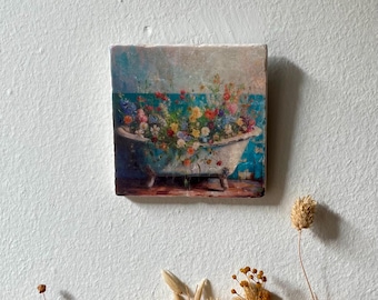 Mini cuadro, arte mural, azulejo decorativo "Vasca di Fiori" reciclado, decoración de baño