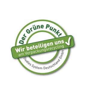 May include: A circular green and white logo featuring the text Der Gr&uuml;ne Punkt and Duales System Deutschland GmbH. A horizontal green rectangular banner overlays the center with the white text Wir beteiligen uns am Verpackungsrecycling.