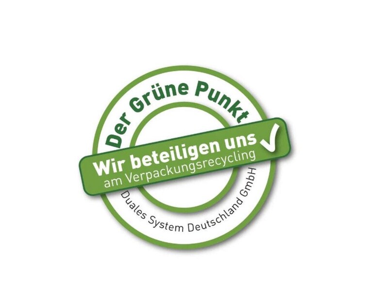 May include: A circular green and white logo featuring the text Der Gr&uuml;ne Punkt and Duales System Deutschland GmbH. A horizontal green rectangular banner overlays the center with the white text Wir beteiligen uns am Verpackungsrecycling.