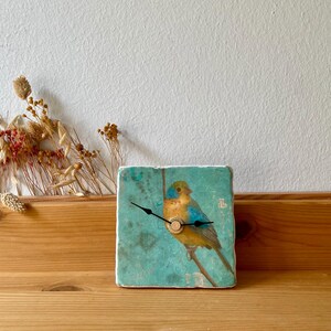 May include: Square clock with a teal background featuring a colourful bird illustration. The bird is perched on a branch, with blue, yellow, and orange hues. The clock hands are black. The clock is on a wooden surface.