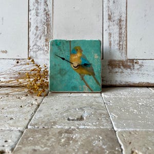 May include: Square clock with a teal background featuring a colourful bird illustration. The bird has yellow, blue, and orange tones. The clock hands are black, and the clock face has a gold-coloured centre.