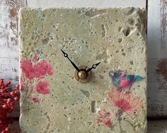 Antique marble tile clock, table clock, mini clock "Spring" shabby chic birthday gift