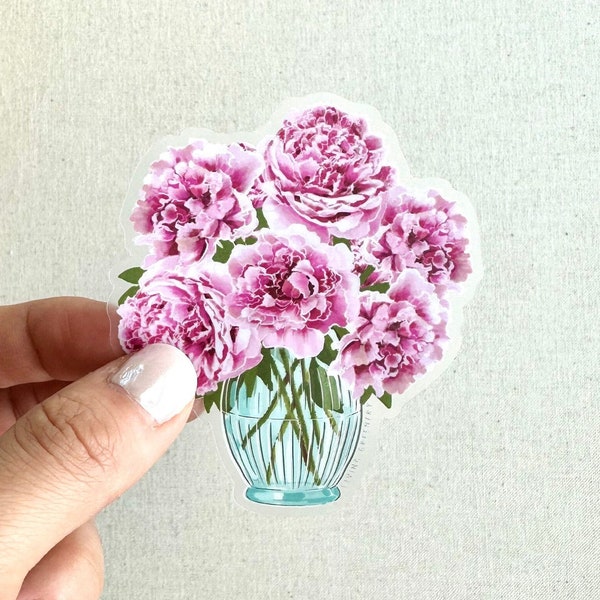 Clear Peony Flower in a Vase Sticker, Flower Sticker, Laptop Sticker, Weatherproof Sticker, Die Cut Sticker