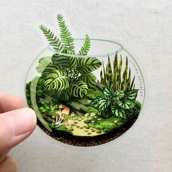 House Plant Moss Terrarium Sticker, Clear Vinyl Die Cut, Weatherproof Laptop Decal
