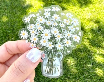 Clear Daisy Flower in a vase Sticker, Flower Sticker, Water Bottle Sticker, Floral Sticker, Laptop Sticker, Weatherproof Sticker