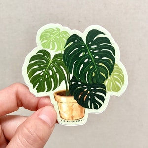 Monstera Plant in Gold Brass Planter Sticker, Monstera Plant Sticker, House Plant Sticker, Weatherproof Die Cut Vinyl Sticker for laptop