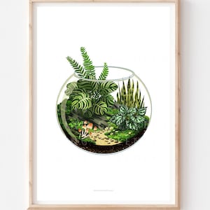 House Plants And Moss Terrarium, Terrarium, House Plant Wall Art, Plant Lover gift, Botanical Art Print