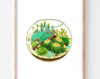 Cactus Terrarium, Terrarium Art, House Plant Wall Art, Plant Lover gift, Botanical Art Print