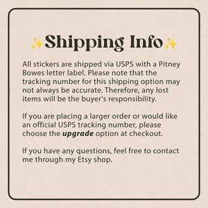 May include: A beige-colored graphic with the text "Shipping Info" in a bold, dark font, accented with yellow starbursts. The text provides information about sticker shipping via USPS and tracking options.