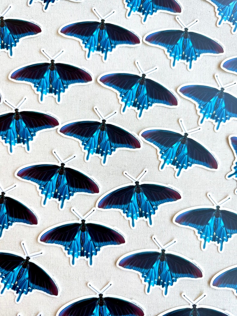 May include: A collection of butterfly stickers. Each sticker features a detailed illustration of a butterfly with vibrant blue wings, dark blue and maroon accents, and delicate antennae. The stickers are arranged on a white surface.
