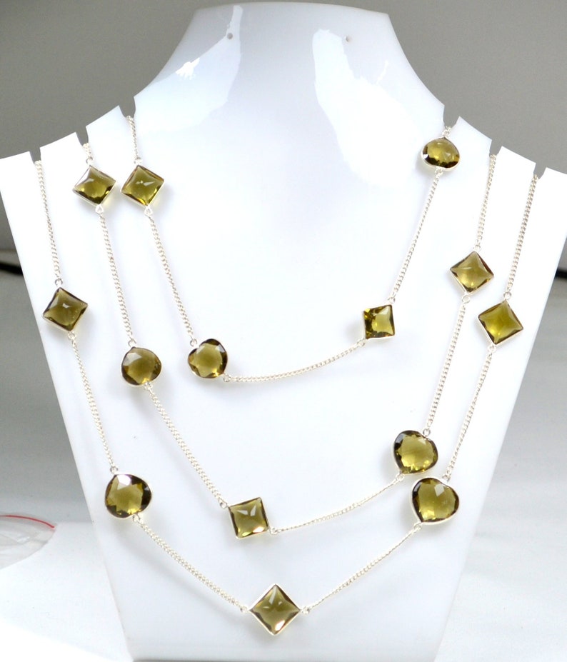 925 Sterling Silver Chain Olive Quartz 42 /'/' Faceted Mix Shape 31.72 G.M Natural Gemstone Silver Necklace 6 x 10 To 14 x 16 MM