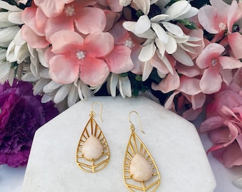 Örhängen i 925 sterlingsilver, naturliga rosa opal långa bladdesign handgjorda hängande örhängen