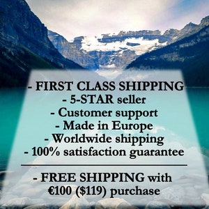 May include: Text overlay on a scenic image of a mountain lake with snow-capped peaks. The text reads: "FIRST CLASS SHIPPING - 5-STAR seller - Customer support - Made in Europe - Worldwide shipping - 100% satisfaction guarantee - FREE SHIPPING with &euro;100 ($119) purchase"