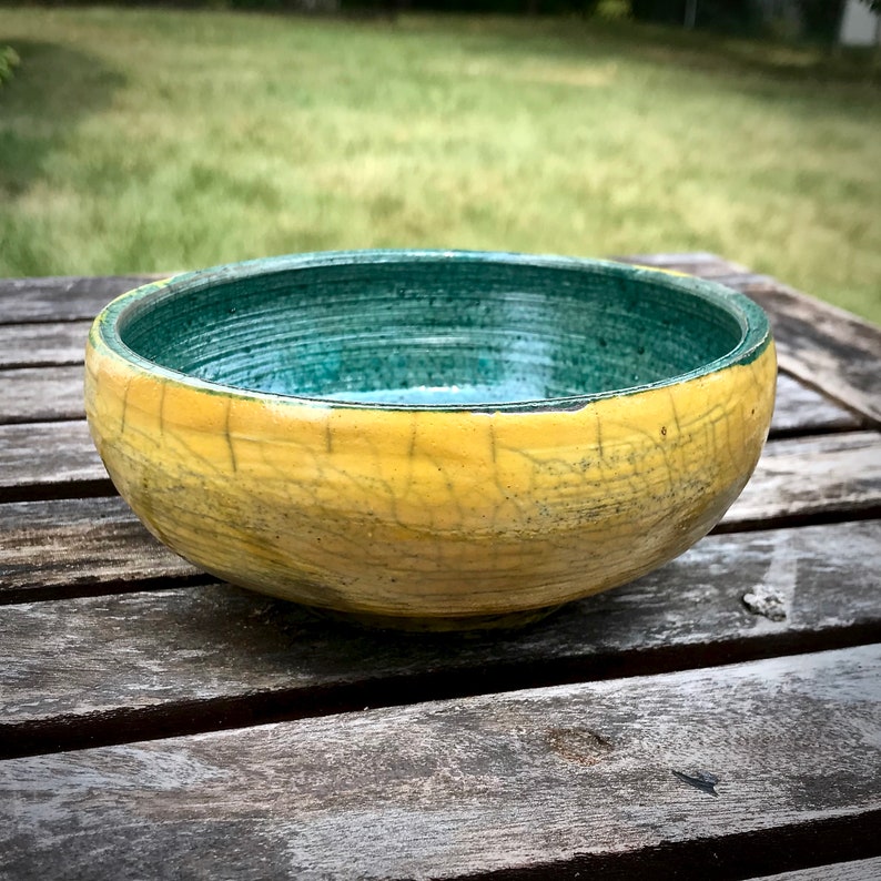 Yellow and Green Raku Bowl Go Pack Go