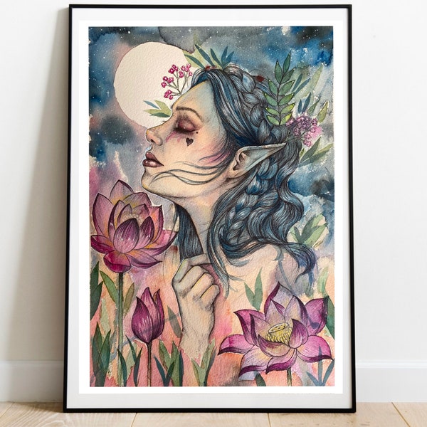 Watercolour elf girl. Cottagecore art. Fantasy painting. Mother Nature. Pagan art. Watercolor art print. A4 print. A3 Poster