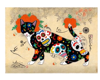 Japanese Cat Art. Monmon cats. Candy skull. Mexican cat.  Japanese cat. Dia de los muertos cat. Japanese tattoo art.
