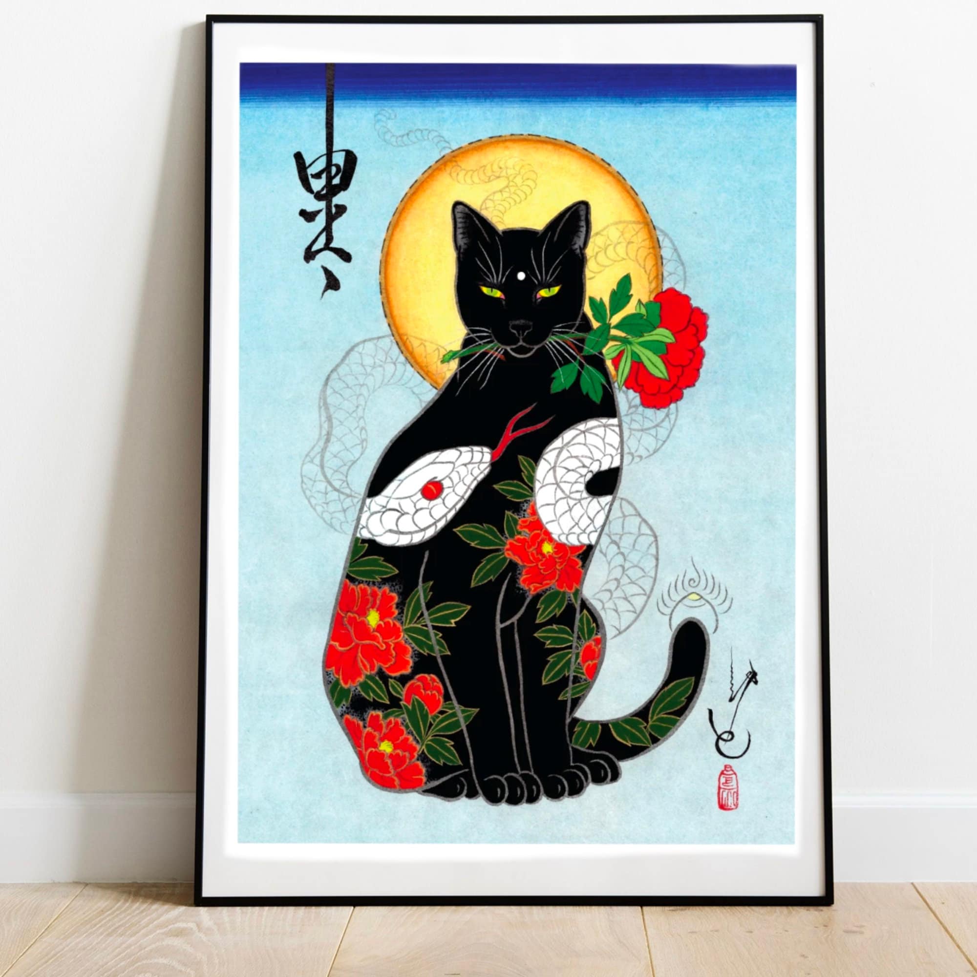 Japanese Monmon Cat Tattoo Print Black Cat Unframed Etsy Ireland