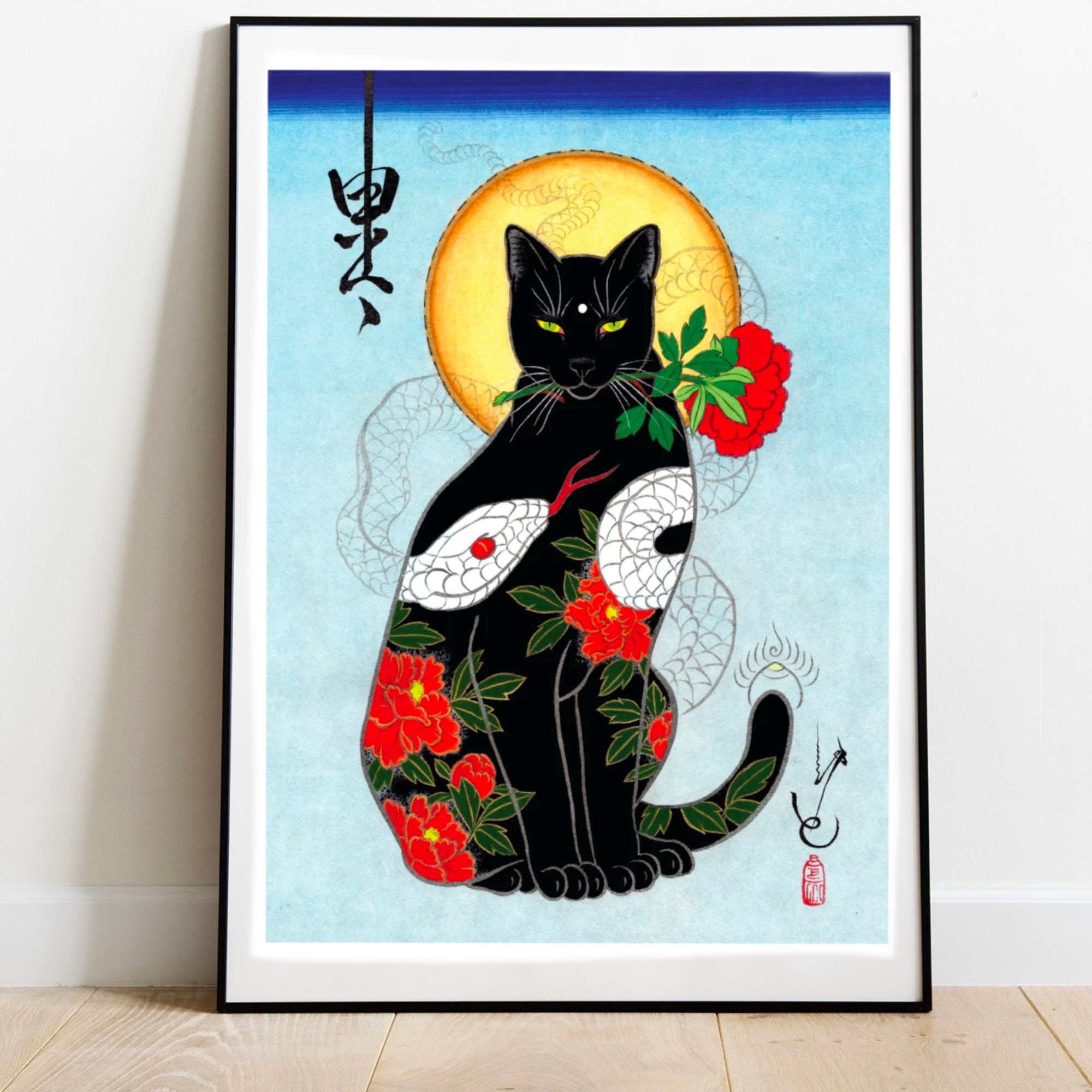 Imprime Japonais Monmon Cat Tattoo Chat Noir Non Encadre Etsy France