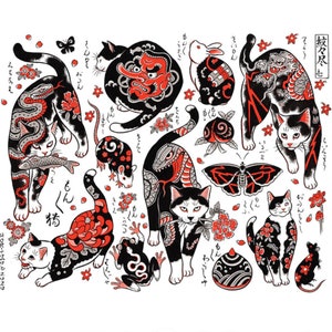 Japanese tattoo flash. Monmon cats prints. Japanese cat art.