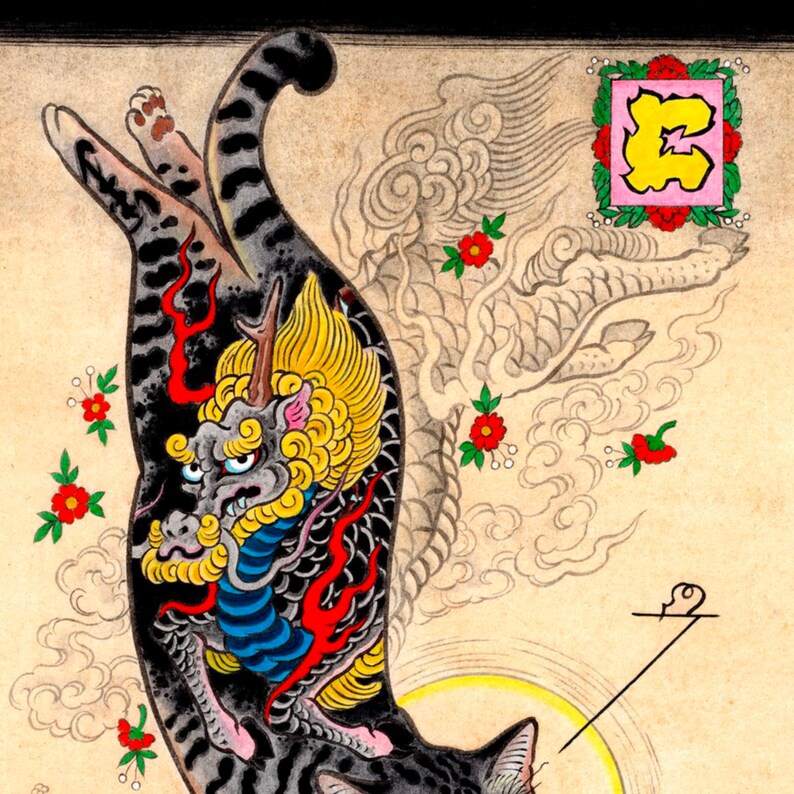 Japanese Cat Tattoo Art. Kirin. Monmon Cat. Japanese print. Etsy