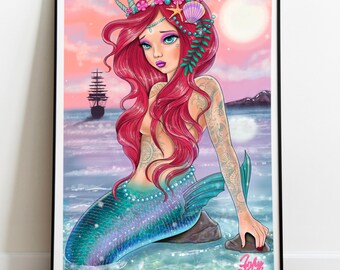 Mermaid Tattoo Print. Mermaid Art Poster. Mermaid Gift. - Etsy Denmark Mermaid Tattoo Print. Mermaid Art Poster. Mermaid Gift. - Etsy Denmark
