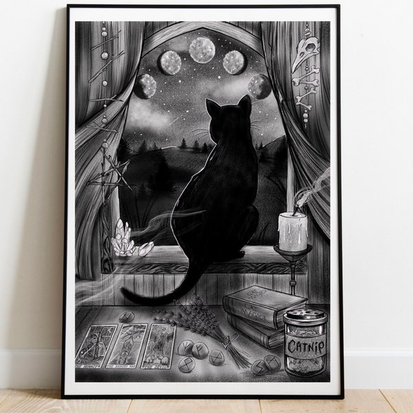 Black Witches cat print. Halloween art.  Pagan Wall Decor. Witchcraft Print. A3 Poster. A4 print.