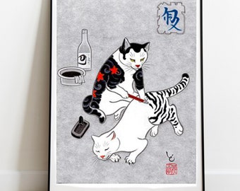 Japanese cat poster. Monmon cats. Japanese cat art print. Oriental art. Cat lovers gift. Cat wall decor.