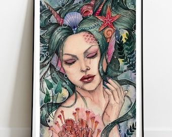 Watercolour mermaid print, fantasy art. A4.