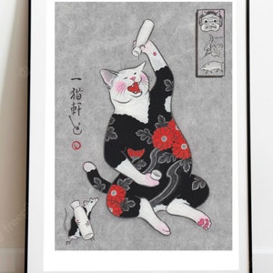 Japanese cat poster. Monmon cats. Sake. Japanese cat art print. Oriental art. Cat lovers gift. Cat wall decor.