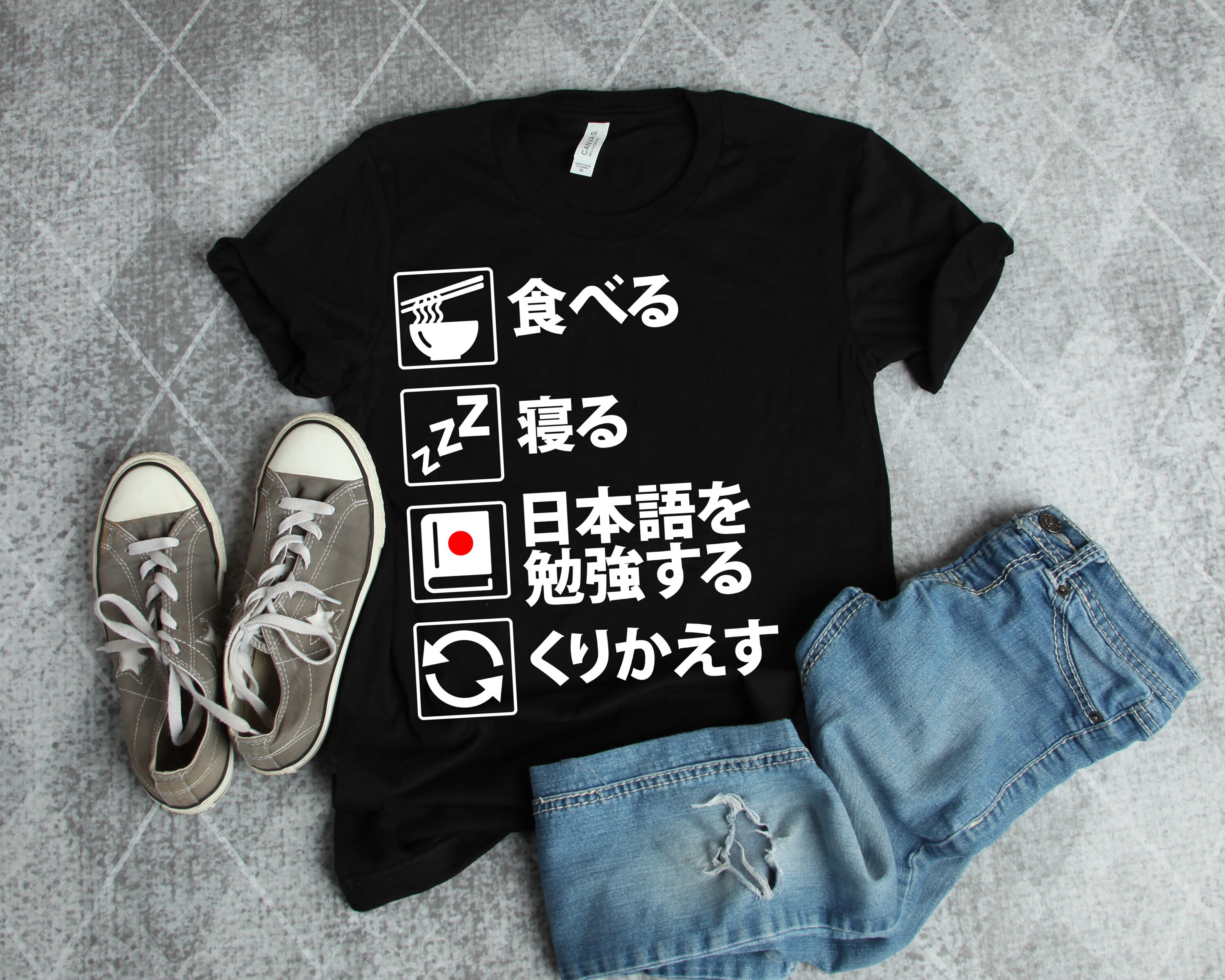 Eat Sleep Learn Japanese Repeat Kanji Language Learner Hiragana Katakana kanji learning Novelty Short-Sleeve Unisex Gift T-Shirt