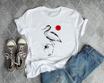 Japanese Harajuku Traditional Ink Art Bird Graphic Souvenir Short-Sleeve Unisex Gift T-Shirt