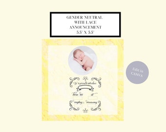 Gender Neutral Lace Birth Announcement. Perfect  details. Lace background. Detail template. Edit in Canva. Digital Download. Stunning!