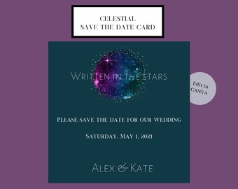 Starry Save the Date Card 5.5"x5.5" Celestial Card, Blue Card, Wedding Card, Wedding Invitation, Galaxy, Written in the Stars, Marriage