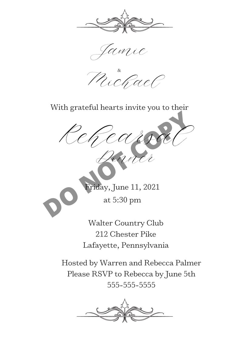 Digital PDF File 5x7 Rectangle Format Rebecca Rehearsal Dinner Invitations