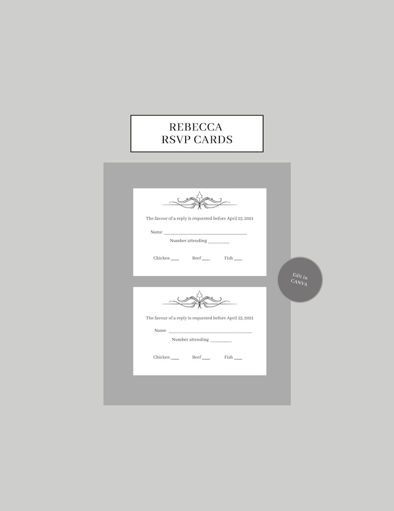 Rebecca RSVP Cards 4x6 Rectangle Format Digital PDF File Elegant Wedding Monogram Initials Birthday party Reception Anniversary Retirement