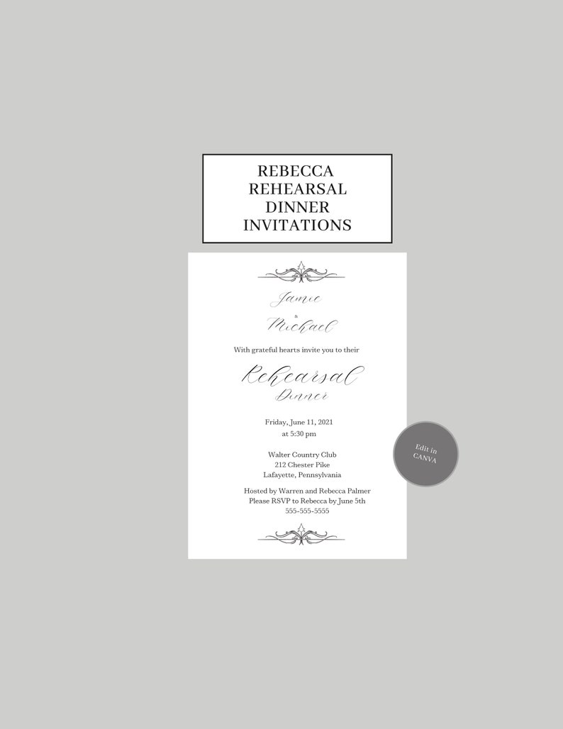 Digital PDF File 5x7 Rectangle Format Rebecca Rehearsal Dinner Invitations